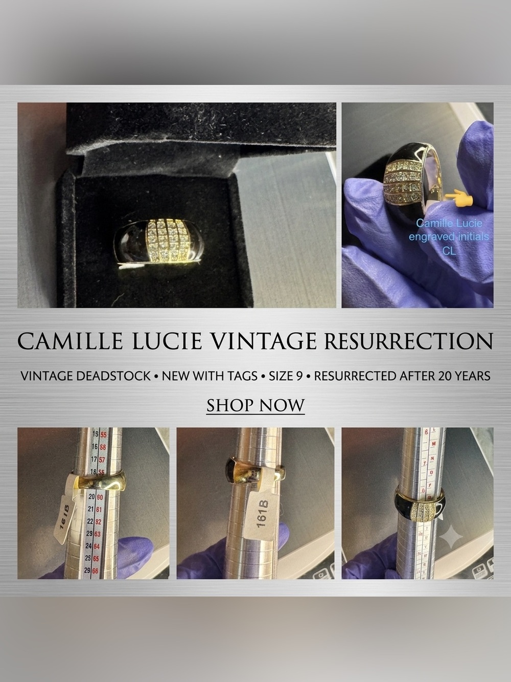 Vintage Camille Lucie Black Enamel Pave Crystal Dome Ring NWT 9